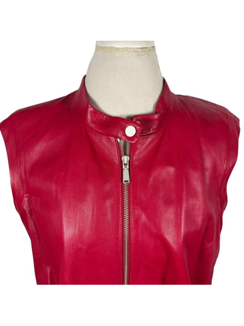 Worth New York Red Leather Moto Vest High Neck Cinch Waist Zip Front Size 12 - Picture 6 of 14